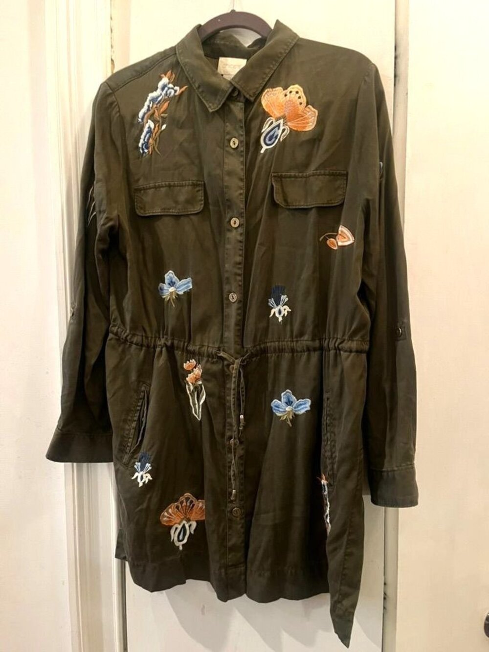 Chicos Olive Embroidered Jacket Drawstring Waist, Lyocell, Size M/L
